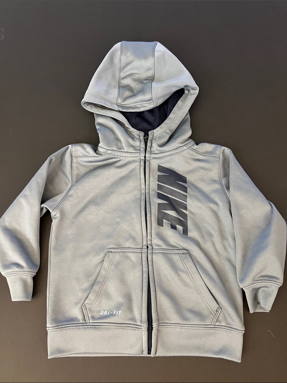 Nike Kids Grey Full-Zip Dri-FIT Hoodie with Black Logo